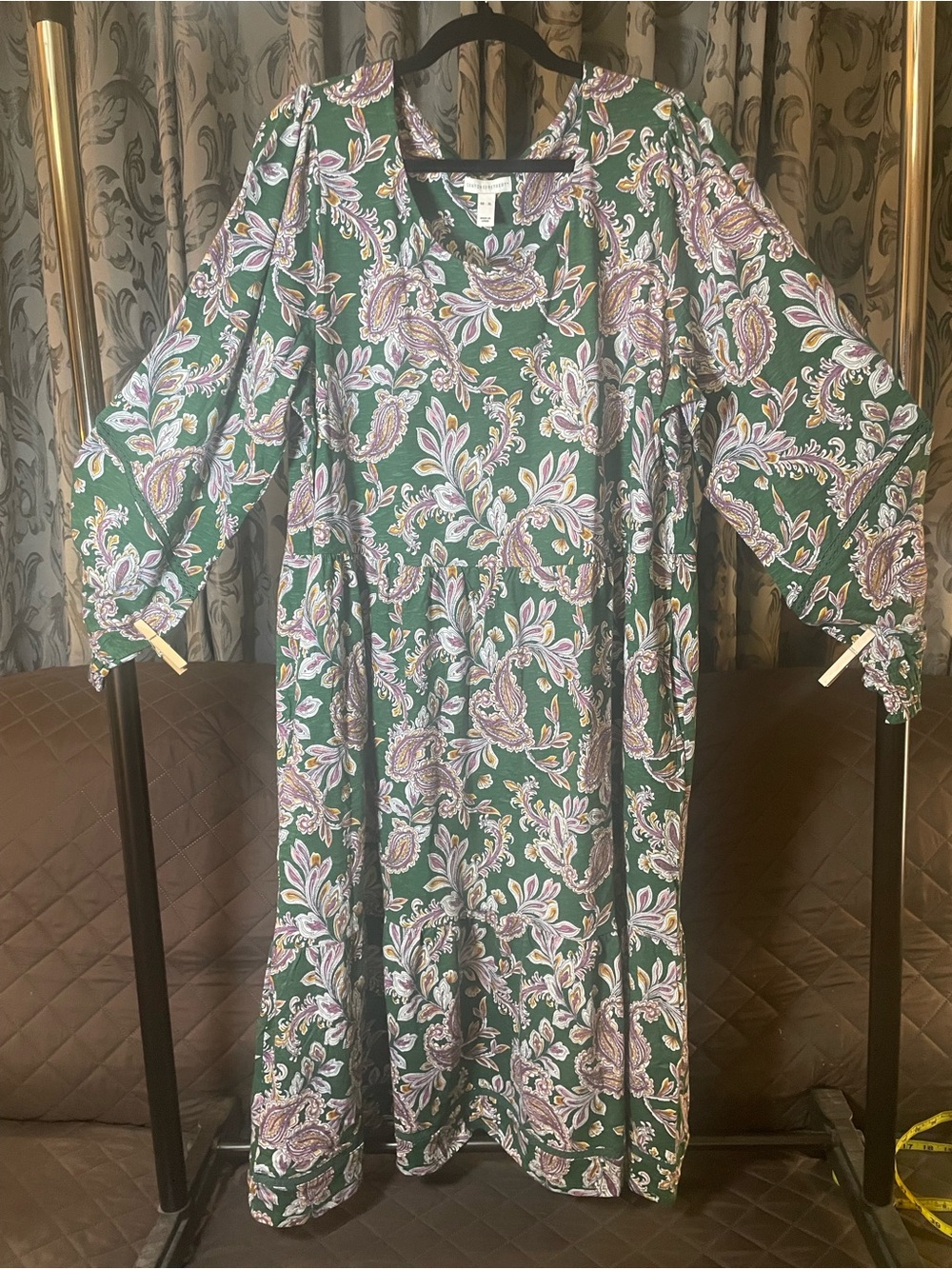 Green Paisley Maxi Dress with Lilac Accents